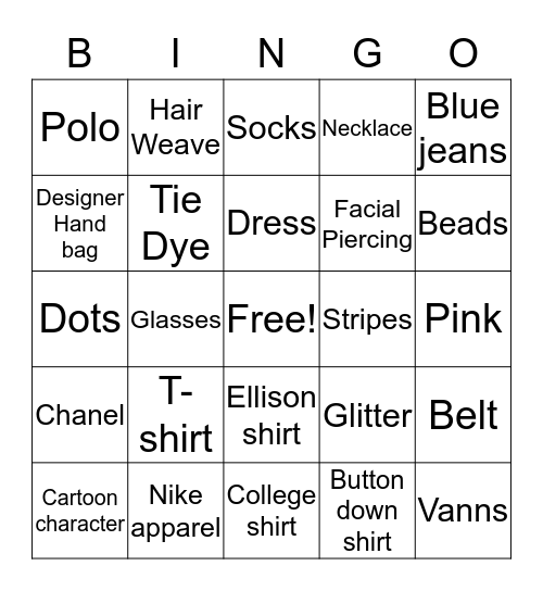 Fashion Bingo Card