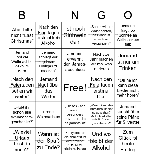 Weihnachts Bingo Card