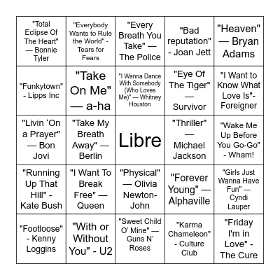 Década de los 80s Bingo Card