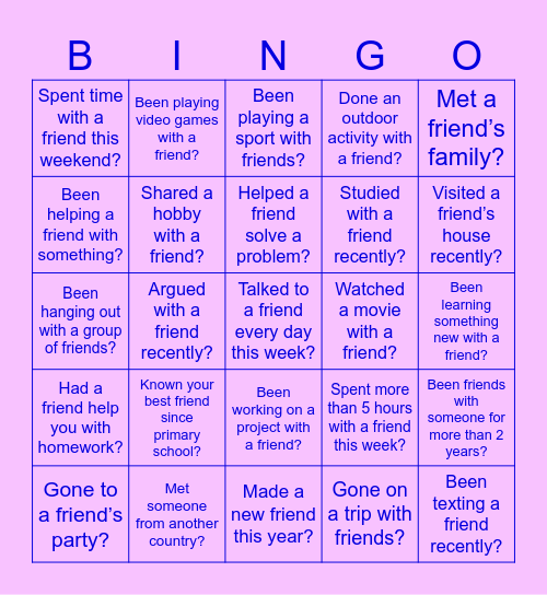 Friendship Bingo Card