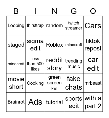 Youtube Bingo Card