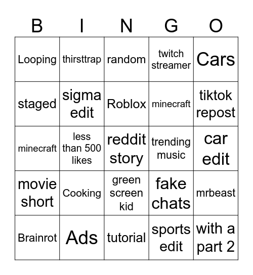 Youtube Bingo Card