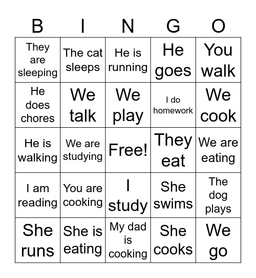 ESL verbs Bingo Card