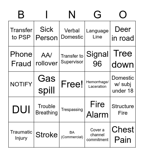 Calltaker Bingo Card