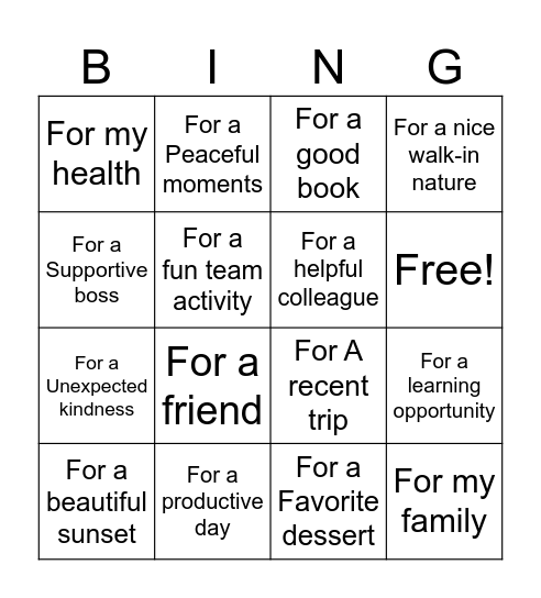 I’m grateful Bingo Card