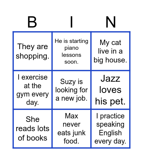 Present Simple vs Present Continuous Bingo Card