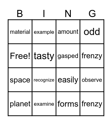 Reading M2 Vocabulary Bingo Card