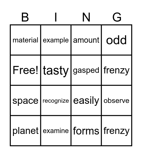 Reading M2 Vocabulary Bingo Card