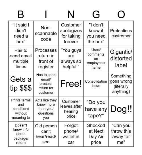 UPS Bingo Card