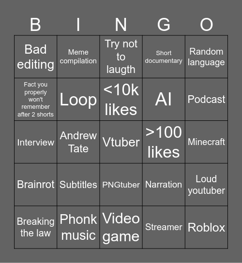 Youtube Bingo Card