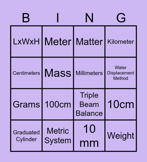 Metric System Bingo Card