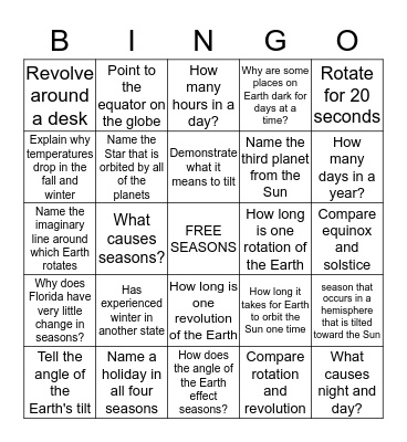 Reasons for the Seasons Bingo Card