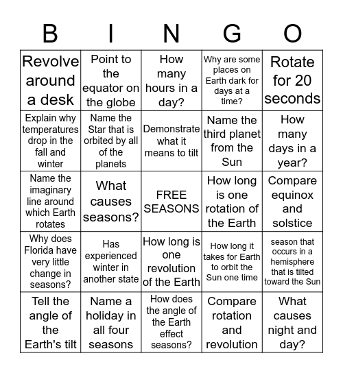 Reasons for the Seasons Bingo Card