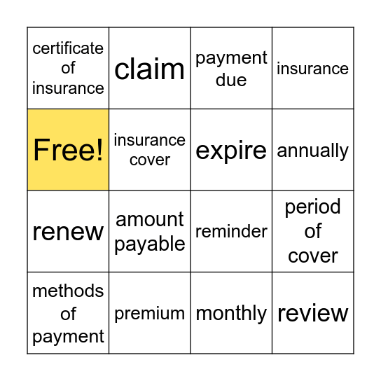 Insurance vocab Bingo Card