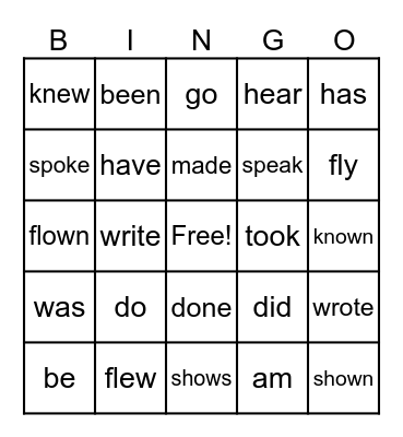 Irregular Verbs Bingo Card