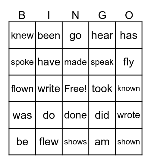 Irregular Verbs Bingo Card