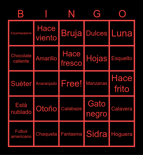 Halloween and fall words Bingo Card