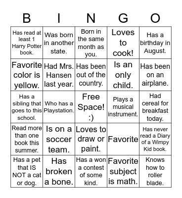 Classroom Bingo! Bingo Card