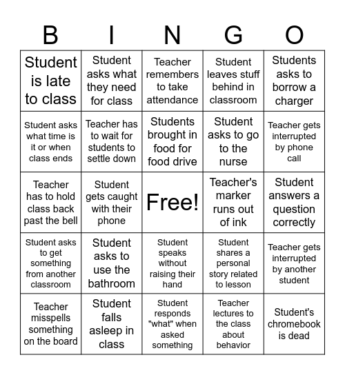 Classroom Bingo Card