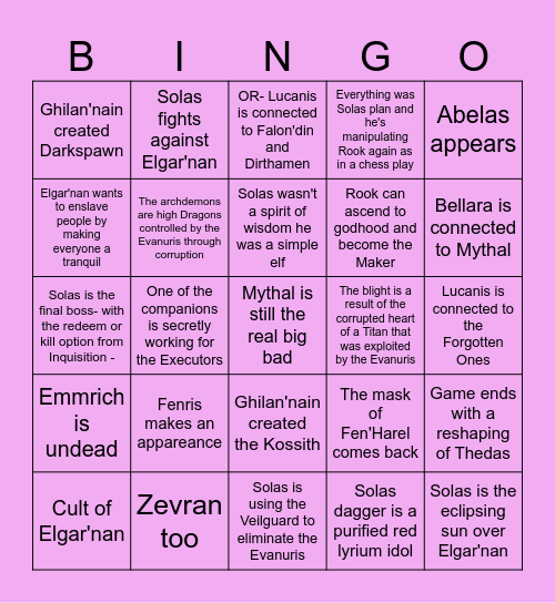 Dragon Age The Veilguard Bingo Card