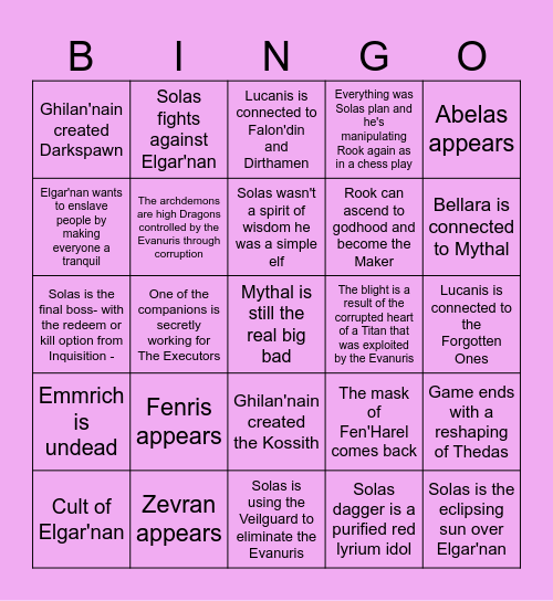 Dragon Age The Veilguard Bingo Card