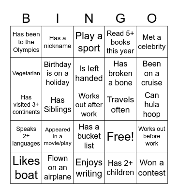 Getting to know you Bingo Card