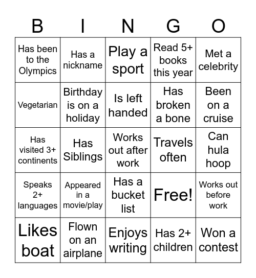 Getting to know you Bingo Card