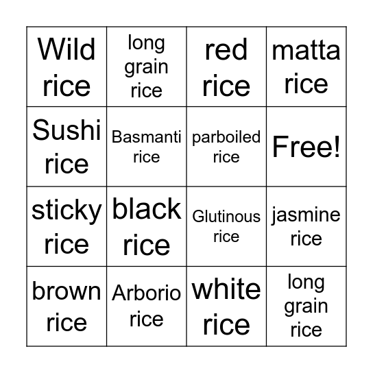 Rice Bingo Card