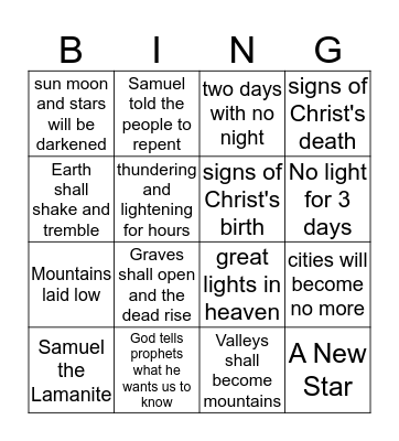 Prophets tell of Christ coming Bingo Card
