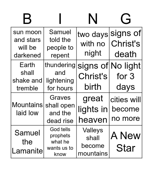 Prophets tell of Christ coming Bingo Card