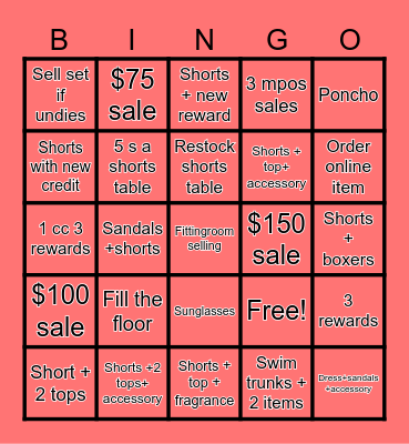 Shorts bingo Card