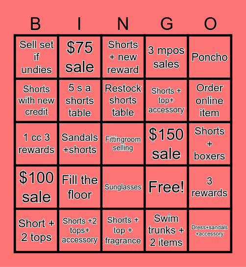 Shorts bingo Card