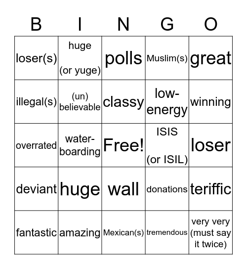 Trump Debate Bingo Card