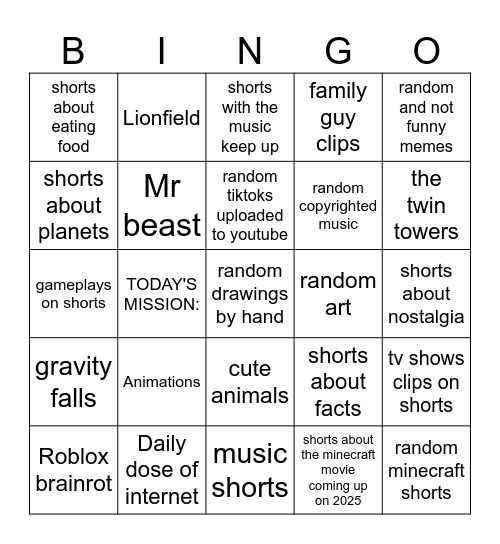 The youtube shorts bingo Card