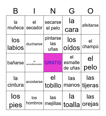 Esp. 3 - U5D1&2: partes del cuerpo, higiene personal y acciones Bingo Card
