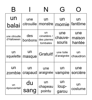 BHS Halloween Bingo French 2 Bingo Card