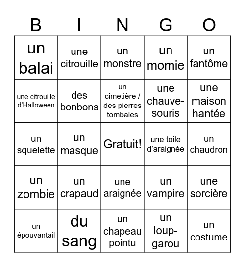 BHS Halloween Bingo French 2 Bingo Card