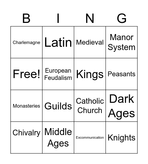 Middle Ages Bingo Card