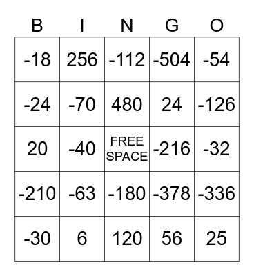 Multiplying Integers BINGO Card