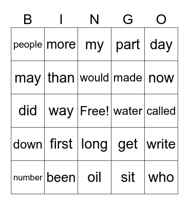 Fry Words 75-100 Bingo Card