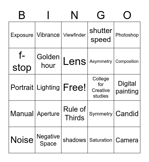 Photography Guest Speaker Bingo Card