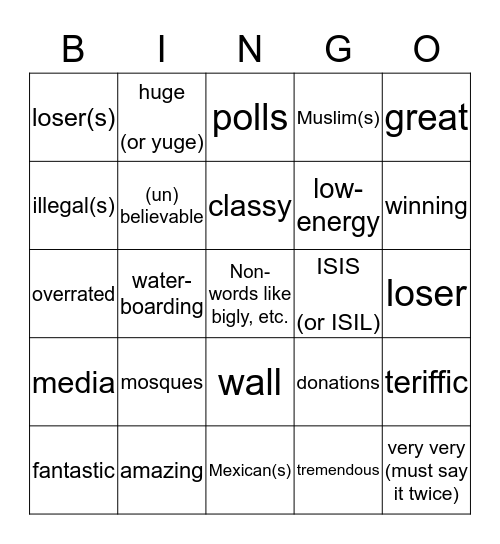 Trump Debate Bingo Card