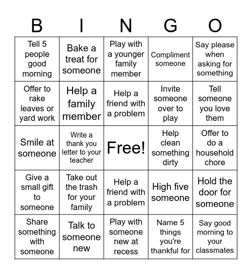 Kindness Bingo Card