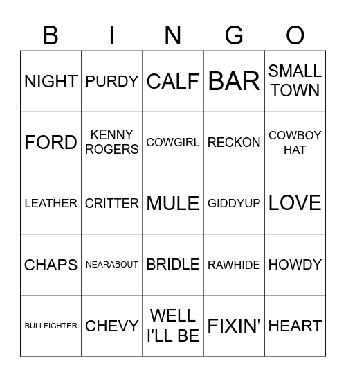 Country Western Bingo Card