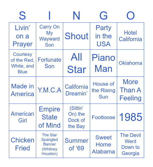 American Singo Bingo Card