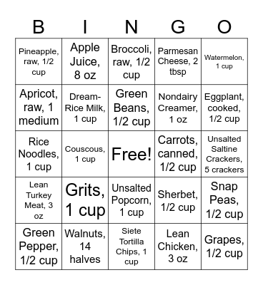 Low Phosphorous Foods Bingo Card