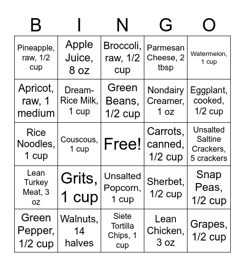 Low Phosphorous Foods Bingo Card