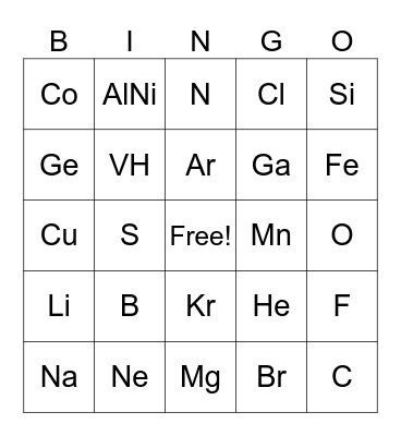 Periodic Table Bingo Card
