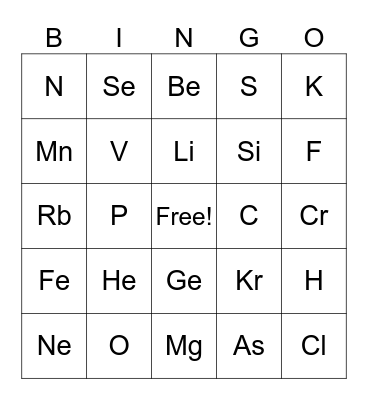 Periodic Table Bingo Card