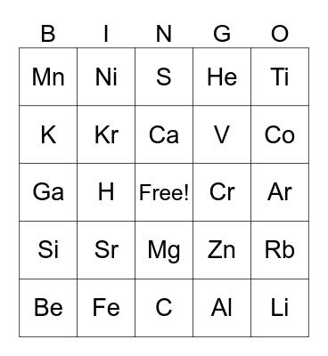 Periodic Table Bingo Card